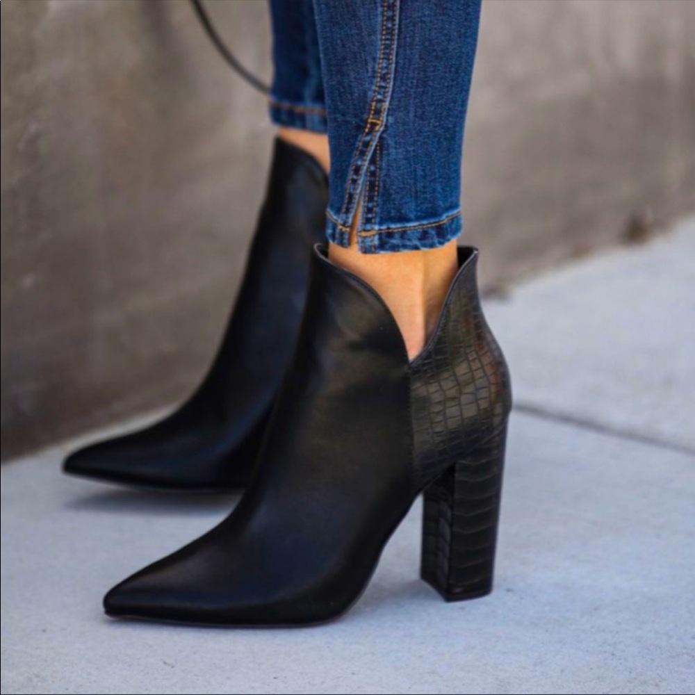 Black heel booties, faux snake/ croc pattern on heel